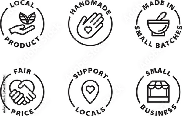 Fototapeta small business icon set, icons. Isolated vector black outline stamp label rounded badge product tag on transparent background. Symbols. handmade, local, fair price, small batches.