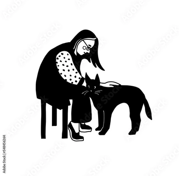 Obraz A girl with glasses is stroking a black cat. Taking care of animals. Black and white graphics Vector illustration.