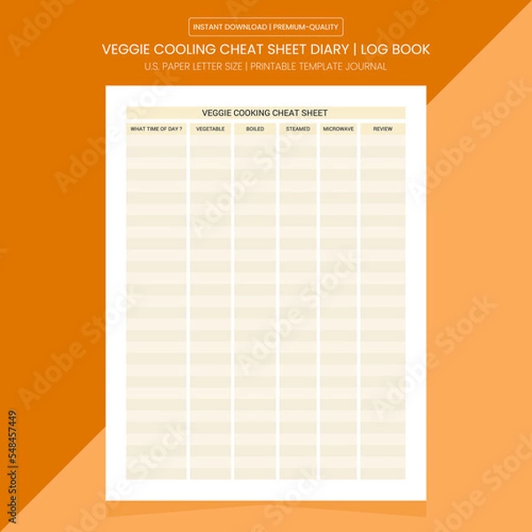 Obraz Veggie Cooling Cheat Sheet | Veggie Cooling Cheat  Log Book | Notebook Printable Template 