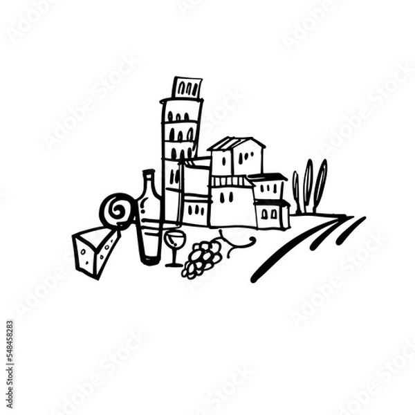 Obraz Symbols of Italy. Wine, cheese, grapes, ancient architecture. Italian landscape. A hand-drawn sketch. A design element for postcards, prints, stickers, social media, etc. Vector doodle illustration