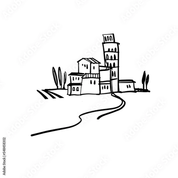 Obraz Italian landscape. Tuscany. A hand-drawn sketch. Design element for postcards, prints, stickers, social media, etc. Vector doodle illustration.