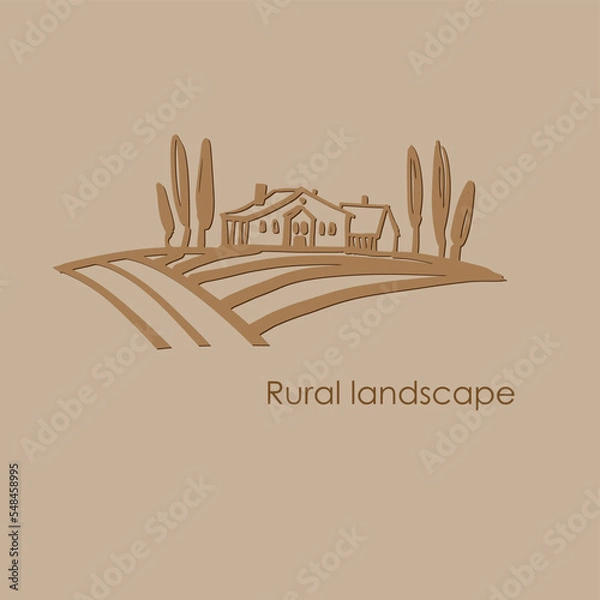 Obraz Rural landscape with houses, cypresses and fields Hand-drawn sketch. Vector color illustration
