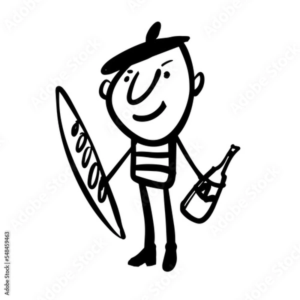 Obraz A cheerful Frenchman with a baguette and a bottle of wine. A hand-drawn character. Vector doodle illustration
