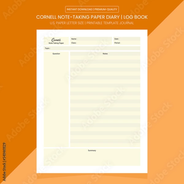 Obraz Cornell Note-Taking Paper Log Book | Cornell Diary Journal | Notebook Printable Template