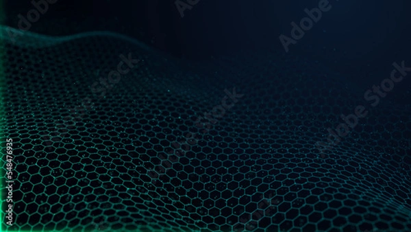 Obraz Futuristic digital hexagonal grid. Abstract dark background of particle flow. Big data analysis and automation. Intelligent blue wave. Science, technology and cyberspace. 3d rendering