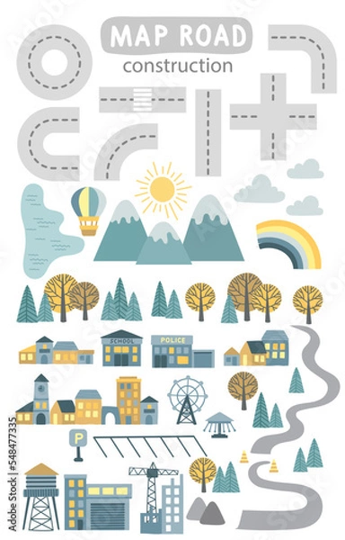 Fototapeta Set of segments for Childrens map road creator. Vector illustration of road, mountains, wood, lake, building and construction site. Design for a kids game, poster for nursery decor
