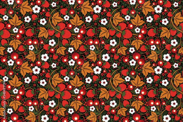 Fototapeta Wallpaper with an ornament of summer motifs, flowers and berries in the style of Russian Khokhloma painting. Vector illustration