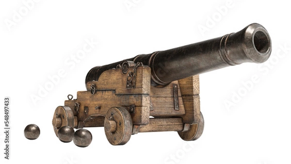 Obraz Ancient cannon on wheels with cannonballs isolated on white background with clipping path