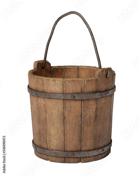 Fototapeta Wooden bucket isolated on white background. Clipping path included.
