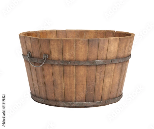 Fototapeta Wooden bucket isolated on white background. Clipping path included.