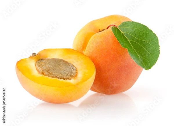 Obraz Ripe Apricots with Leaf Isolated on White Background