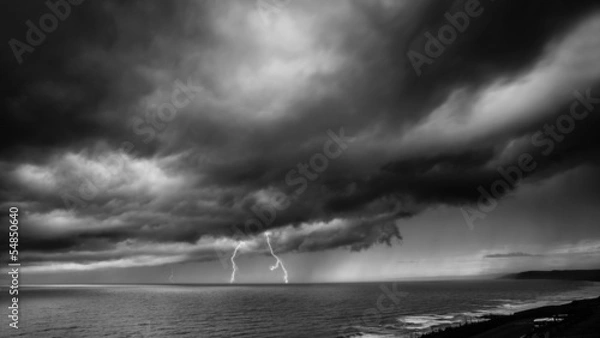 Obraz Lightning Storm Over Sea - black and white