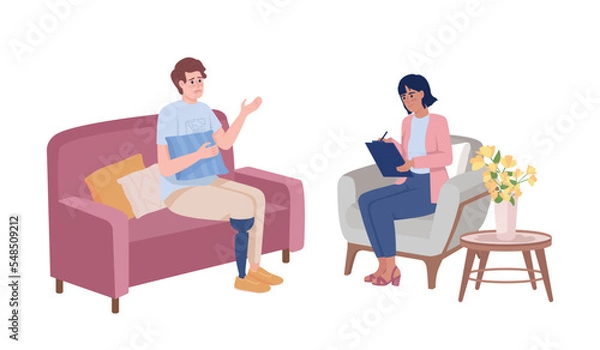 Fototapeta Disabled patient at psychotherapy semi flat color vector characters. Editable figures. Full body people on white. Medicine simple cartoon style illustrations for web graphic design and animation