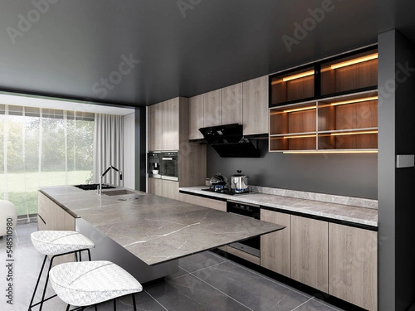 Fototapeta 3D rendering,Spacious modern luxurious kitchen with bar design