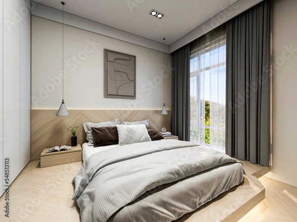 Fototapeta 3D rendering, elegant and modern bedroom design, big bed with overcoat cabinet, coffee table, TV, carpet, etc., very comfortable and leisure.
