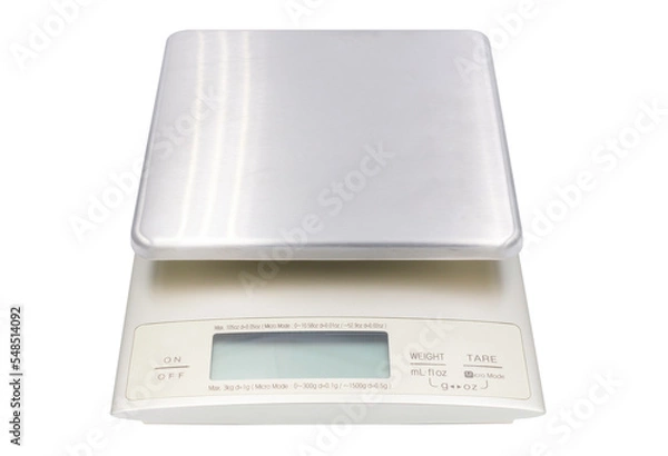 Fototapeta front view of digital kitchen scale isolated on white background with clipping path inside