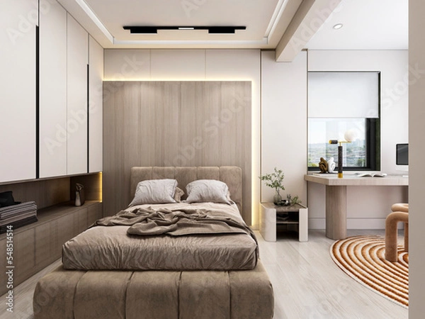 Fototapeta 3D rendering, elegant and modern bedroom design, big bed with overcoat cabinet, coffee table, TV, carpet, etc., very comfortable and leisure.