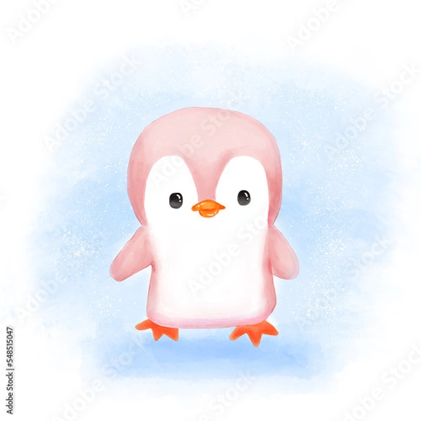 Fototapeta Cute pink baby penguin in the snow, isolate on white background, hand drawn, watercolor illustration