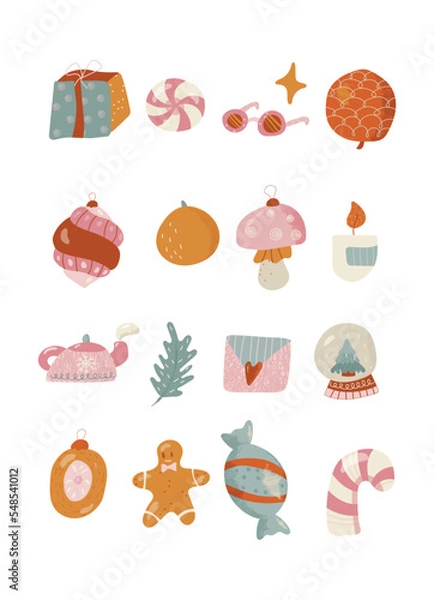 Fototapeta Set of Christmas decorations. Happy new year. Christmas items. For the design of Christmas and New Year cards. Vector illustration. Hand-Drawn.