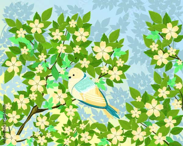Fototapeta Spring landscape. A bird on a branch with green leaves and yellow flowers. The concept of Easter, spring holidays