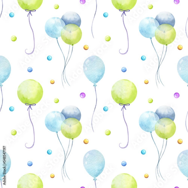 Obraz Birthday seamless pattern, holiday graphics, party background, watercolor colorful balloons and confetti illustration, carnival greeting graphics