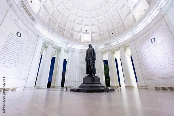 Fototapeta The interior of the Jefferson Memorial in Washington, D.C. on a winter evening. Ultra-wide low angle shot with no people visible.