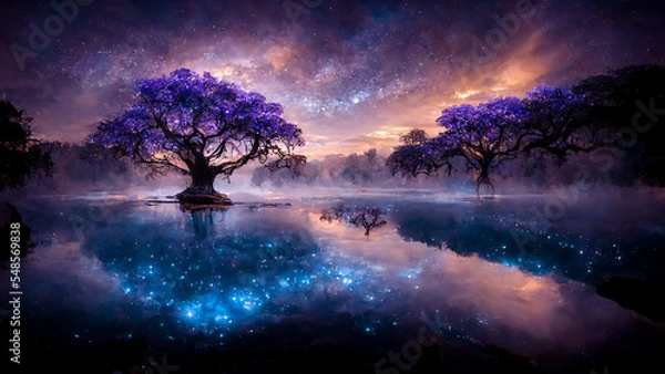 Fototapeta Tropical and exotic night forest,Fairytale forest with mystical magic lights reflected water. Living greenery of the forest.Unreal world. 3D illustration.background,environment,future imagine.