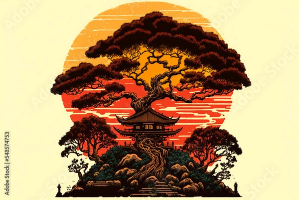 Obraz bonsai sunset digital art 
