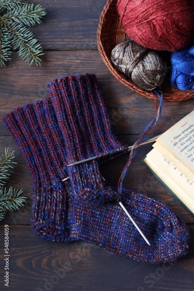 Obraz Sock wool knitting yarn and knitting needles