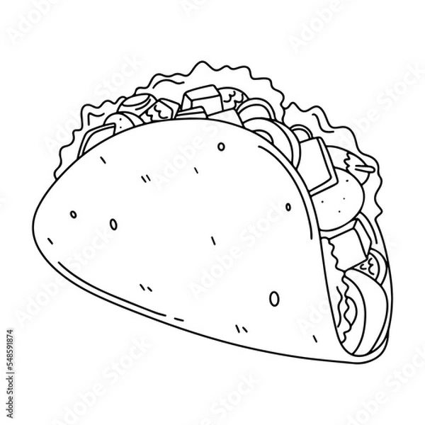 Obraz Taco with tortilla in hand drawn doodle style. Mexican lunch line art vector icon. Isolated on white background vector illustration.