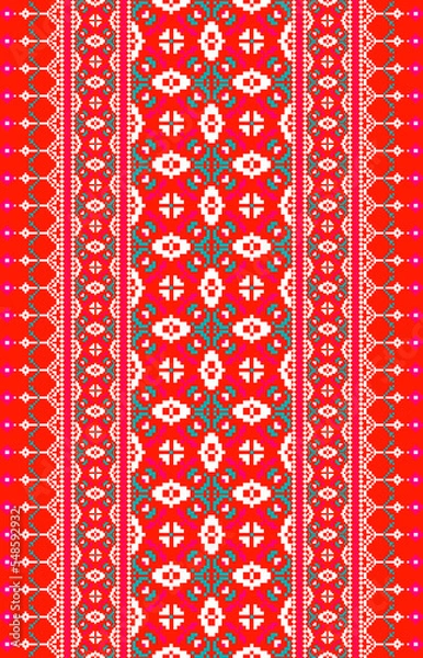 Fototapeta Ethnic vertical geometric seamless pattern. Oriental cross stitch embroidery. Red and white version. Abstract design for carpet, texture, fabric, clothing, wrapping, wallpaper, pillow, and print.