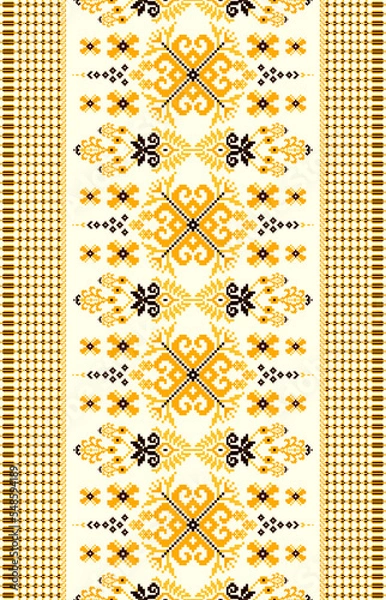 Fototapeta Ethnic vertical geometric seamless pattern. Oriental cross stitch embroidery. Golden and white version. Abstract design for carpet, texture, fabric, clothing, wrapping, wallpaper, pillow, and print.