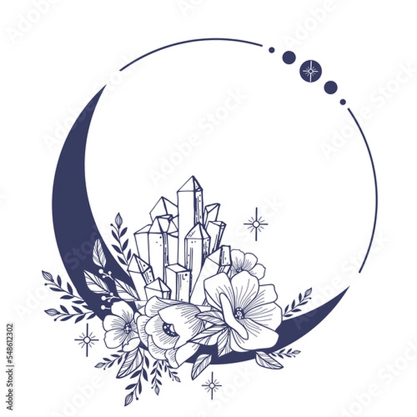 Obraz Set of Crescent moons with flower, Flower Moon, Floral magic celestial clipart, Blooming Moon with Stars and crystals