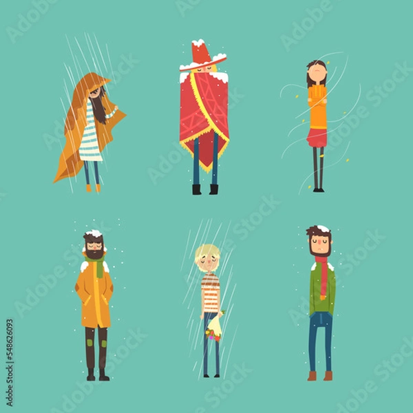 Fototapeta Frozen people in warm clothes walking in heavy rain and snowfall set vector illustration