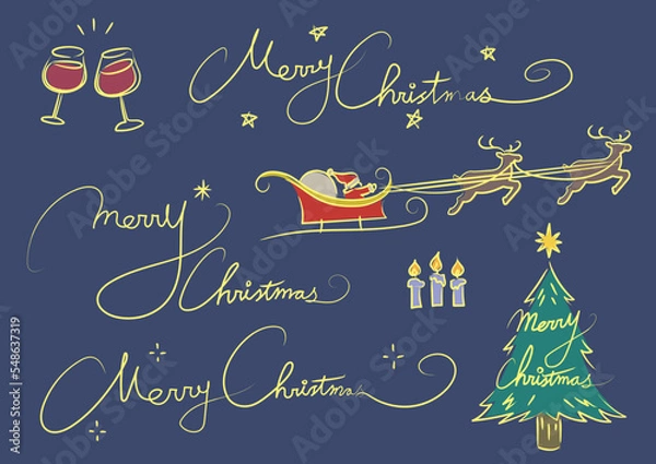 Obraz 筆記体のメリークリスマス文字、サンタクロースとトナカイ、乾杯、ろうそくなどのクリスマスに使いやすいあしらいセット