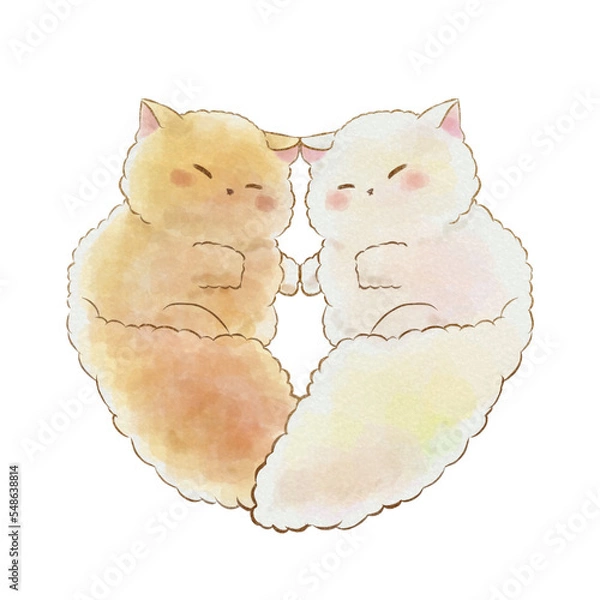 Obraz イラスト素材: 仲良く眠る猫(手描き水彩風)