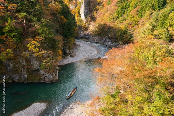 Fototapeta 紅葉の鬼怒川渓谷にライン下り
