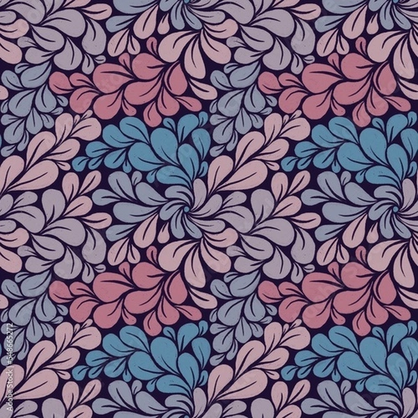 Fototapeta a seamless pattern with plant patterns in a blue, pink color scheme on a black background
