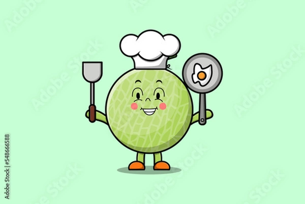 Fototapeta Cute cartoon Melon chef character holding pan and spatula in flat cartoon style illustration