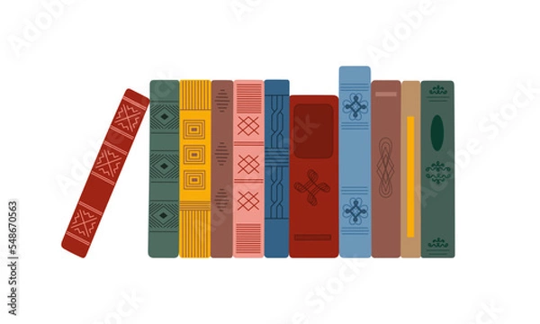 Obraz Collection of vertical standing books in colored vintage covers. Pile of different literature. Time to reading concept. Hand drawn vector illustration isolated on white background. Flat style.