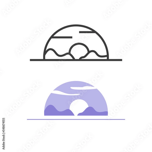 Fototapeta Ocean nature logotype line linear outline art vector icon or sunrise sea seafront coast resort travel horizon on mountains landscape logo emblem modern graphic illustration simple minimal design image