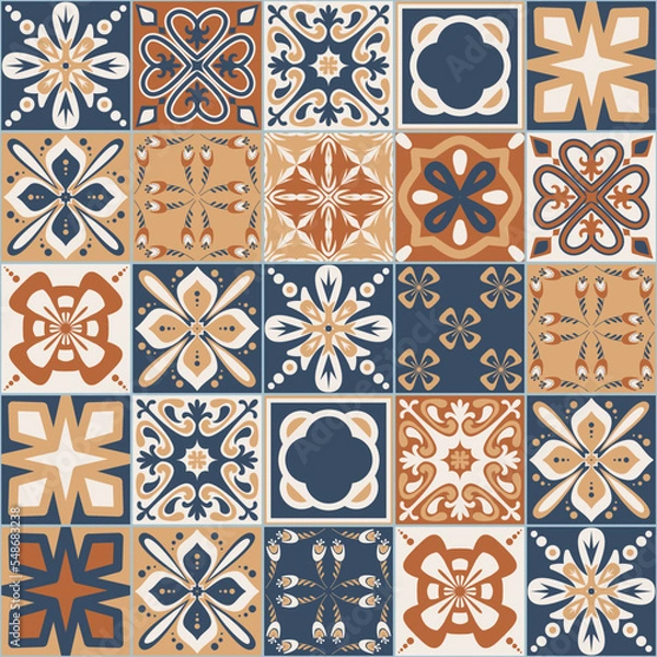 Obraz Spanish Azulejo style seamless pattern, brown beige blue ceramic tiles for design, vector illustration