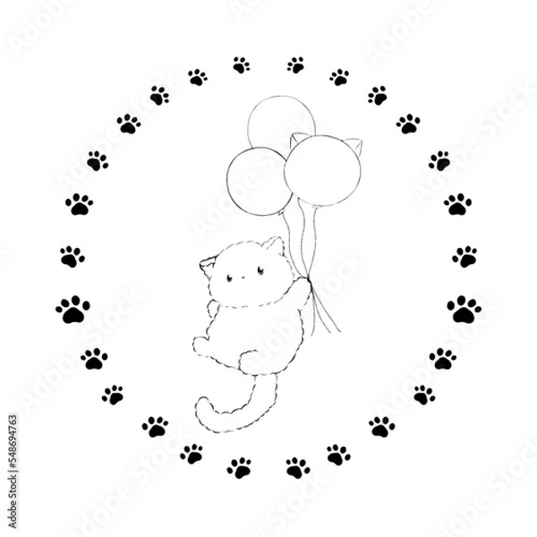 Obraz ハンコ風イラスト素材:風船を片手に飛ぶ猫(線画)
