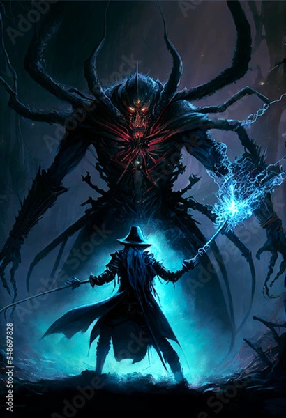 Obraz epic fight between powerful wizard and giant monster