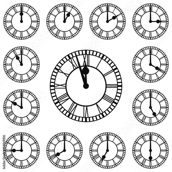 Fototapeta Roman Numeral Clocks Showing Every Hour