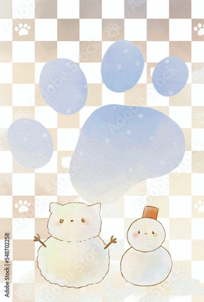 Obraz 寒中お見舞い　猫と雪だるま(コピースペース有りver)