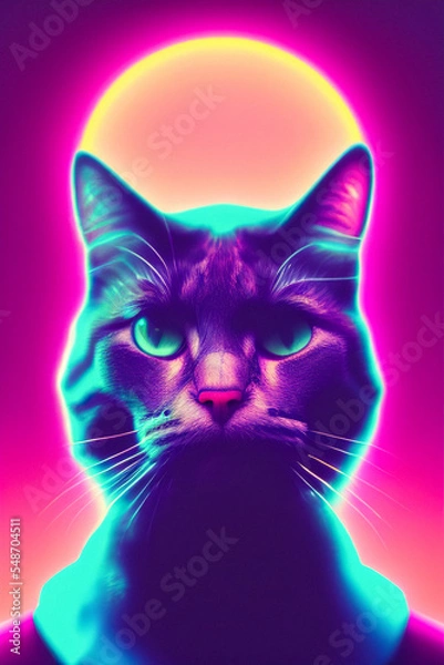 Fototapeta Cat portrait in synthwave style