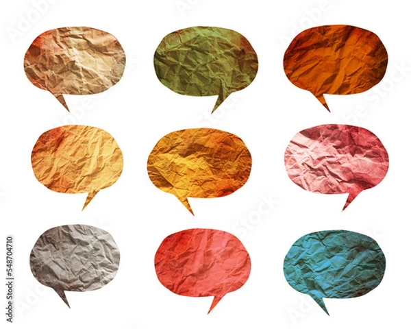 Fototapeta Set of different paper crumpled speech bubbles isolated on white background.