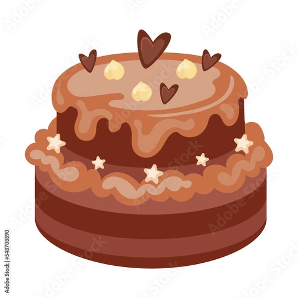 Fototapeta Chocolate birthday cake, sweet food. Vector illustration of choco delicious product in cafe menu isolated on white