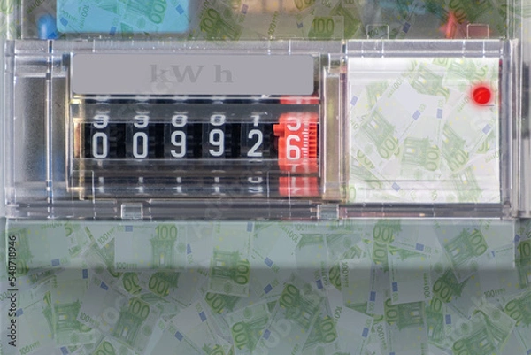 Fototapeta Dial with electric meter readings. The concept is the cost of consumed energy in euro. Display the amount of consumed energy.